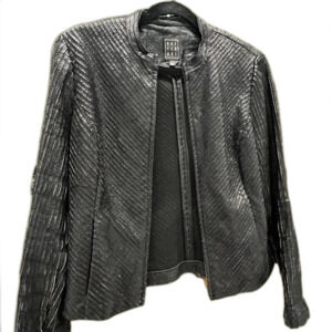 Vintage Distressed Faux Leather Pleated Motorcycle Style Designer Jacket Sz 6